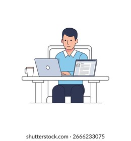 A man sits at a desk with two laptops, one showing an email. He wears a blue shirt and dark pants. A coffee cup is on the desk.