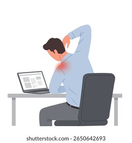 Um homem fica sentado em uma mesa, trabalhando em um laptop, sentindo dores nas costas. Ele está voltando para massagear seu ombro dolorido e a parte superior das costas.