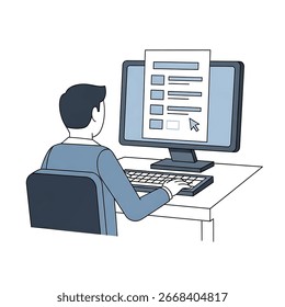 A man sits at a desk, working on a computer. He is filling out an online form displayed on the screen.