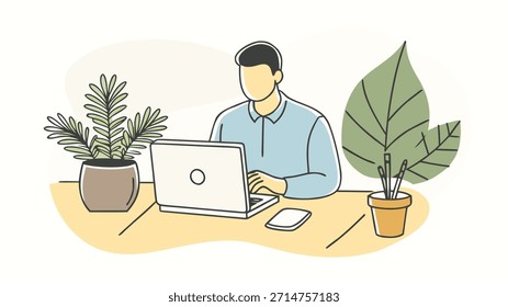 A man sits at a desk working on a laptop, surrounded by plants, isolated on transparent background.