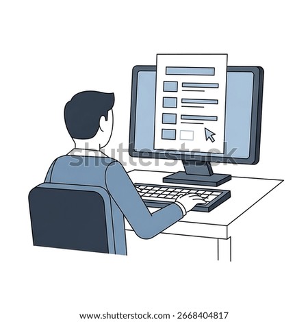 A man sits at a desk, working on a computer. He is filling out an online form displayed on the screen.