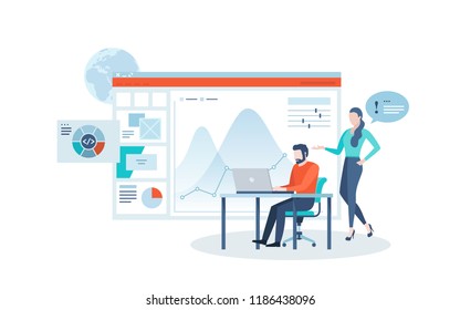 Man sits at desk and works on laptop, female manager stands behind him and control against charts and graphs on background. Concept of website statistics analysis or SEO. Flat vector illustration.