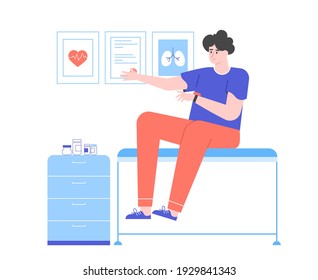 El hombre se sienta en el consultorio del doctor y mira su reloj. Esperando a un trabajador médico. Llegada tardía de un especialista. Esperen. Ilustración plana vectorial.