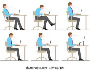 A man sits down and works at a laptop. posture.