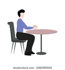 A man sits and drinks a hot drink. A man sits in a cafe or restaurant and drinks coffee