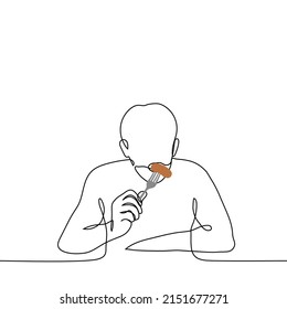 man sits and eats a sausage from a fork - one line drawing vector. concept of eating sausages, meat eating