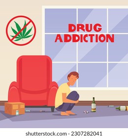 A man sits in front of a window with the word drug addiction on it