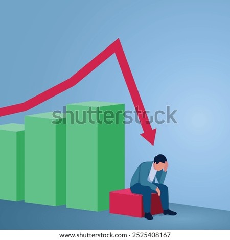 A man sits frustrated as the graph drops suddenly, illustration for downward trend, economic crisis, falling market, stock market crash.