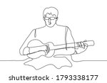 man sits with glasses and plays the guitar. One continuous line art blind musician with a classical wooden (acoustic) guitar. Can be used for animation.