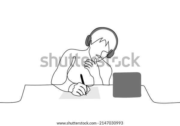 man sits in headphones and takes notes - one\
line drawing vector. concept transcriber takes notes, military\
intelligence takes information or secretly eavesdrops, shorthand\
for audio recording