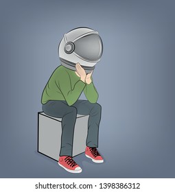 man sits in the helmet of the astronaut. vector illustration.