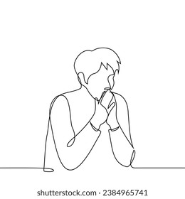 man sits with his arms bent and his palms folded near his face - one line art vector. concept reflection, rethinking, philosopher, pondering