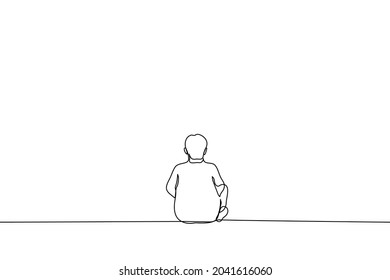 Man Sits With His Back To The Viewer - One Line Drawing. The Concept Of A Little Man, Loneliness, Outsider, Loser, Recluse