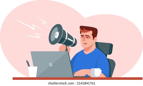 A man sits at his computer with a megaphone and reports important news. The concept of announcing news, important and urgent information for all people. Stock vector illustration