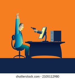 A man sits at his desktop computer. with his hands in the air. A hand, holding a revolver, extends from the monitor and holds him up