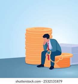 A man sits with his hands cuffed on a pile of gold coins. Illustration for golden handcuffs, exclusive contract, binding workers.