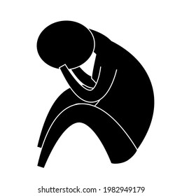 Un hombre se sienta con la cabeza inclinada sobre sus manos y rodillas. La silueta está en una pose típica de problemas psicológicos, aprietos, depresión, desesperación. Estilo infográfico. 