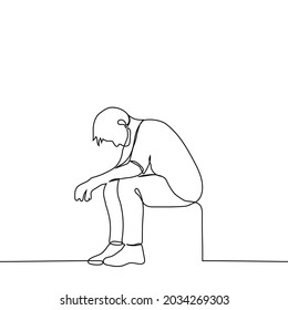 man sits with his head down - one line drawing. the concept of depression, sadness, sadness, creative burnout, crisis, mental problems, fatigue, frustration, grief, 