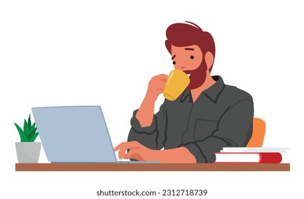 Man Sits At His Laptop, Sipping Coffee, Engrossed In His Work. Male Character Navigates Through His Tasks With Focus And Determination while Enjoying Hot Beverage. Cartoon People Vector Illustration