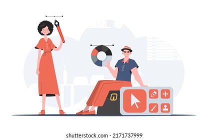 A man sits holding color wheel next to woman  Design  Element for presentation  Vector illustration