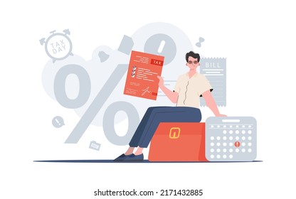 A man sits and holds a calculator and a tax return. Payment of taxes. Element for presentation. Vector illustration