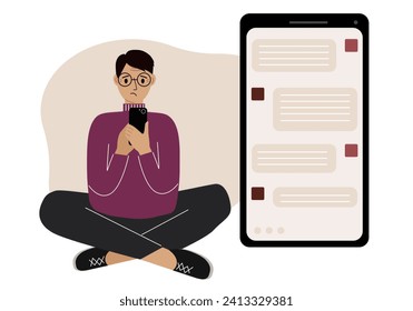 A man sits and holds a phone. The correspondence is visible on the screen. Concept of chat, sms, service, technical support.