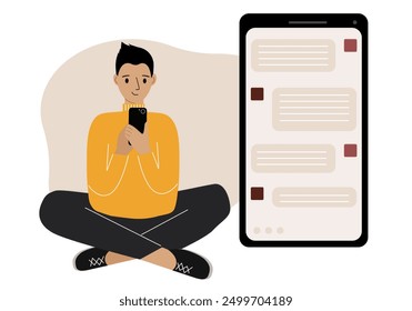 Ein Mann sitzt und hält ein Telefon. Die Korrespondenz ist auf dem Bildschirm sichtbar. Konzept von Chat, SMS, Service, technische Unterstützung. Flache Vektorgrafik.