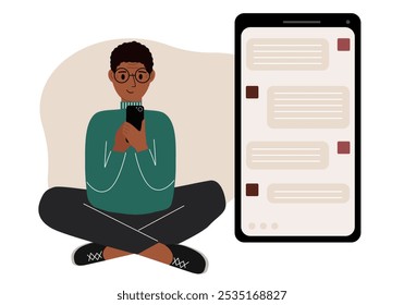 A man sits and holds a phone. The correspondence is visible on the screen. Concept of chat, sms, service, technical support. Vector flat illustration.