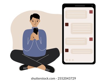 A man sits and holds a phone. The correspondence is visible on the screen. Concept of chat, sms, service, technical support. Vector flat illustration.