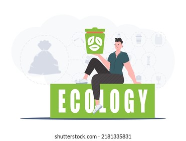 A man sits and holds an urn in his hands. The concept of recycling and zero waste. Vector illustration Flat trendy style.