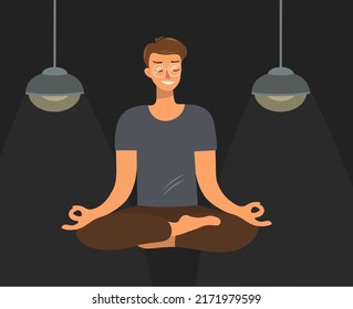 A man sits at home in a lotus position, meditates in the dark. The guy is doing yoga. The concept of relaxation, stress relief. Vector flat illustration. Template for banner, poster, web design.