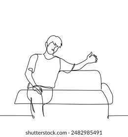 man sits as if hugging the person sitting next to him, but no one is visible - one line art vector. concept imaginary friend. Handmade vector not AI