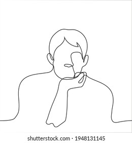 man sits hunched over and resting his chin with his palm - one line drawing. the concept of thinking, reflection