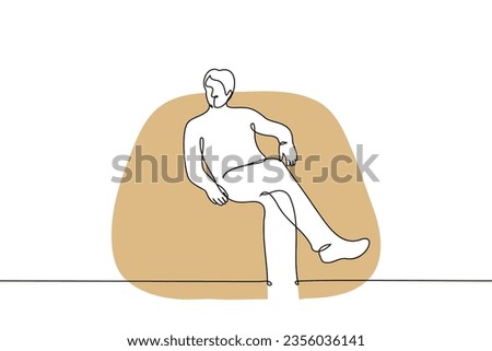 man sits imposingly in an easy chair with his legs crossed - one line art vector. concept confident pose, rest or wait