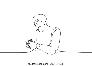 Man Sits With Intertwined Fingers Of Both Hands - One Line Drawing Vector. Concept Thoughtfulness, Reflections, Difficult Conversation, Confident Posture, Person Listens Carefully 