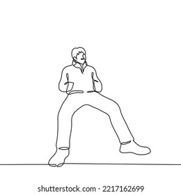 man sits in a jacket with his legs wide apart - one line drawing vector. concept manspreading