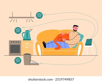 Man sits in the kitchen in a smart home, and a smart speaker turns on a kettle, light and electronic feeder. Vector illustration in flat style.