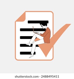 a man sits with a laptop, checking boxes and noting the correctness of the paperwork.
