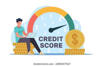 Man sits with laptop and checks credit history. Banking application, poor and good score on speedometer, consumer information, money report, cartoon flat illustration. Vector concept