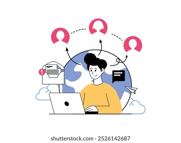 A man sits at a laptop, connected to people around the globe through email and messaging. The image symbolizes global communication and networking.