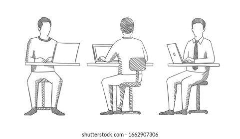 Man sits at laptop  Front   back view  Office people sketch  Process working at the table  Hatched drawing picture  Gray pencil  Hand drawn vector 