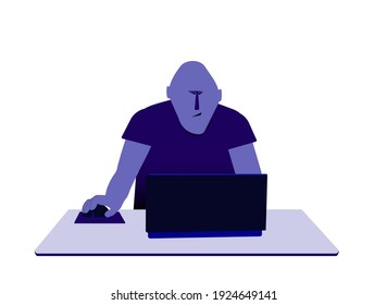 Man sits with laptop. Gamer, online study, freelance. Vector illustration in flat style. 