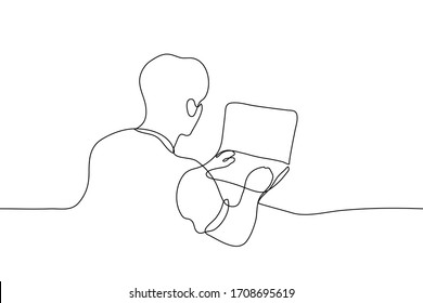 man sits at a laptop, he is typing something on it. Freelancer works remotely on a laptop. One continuous line art man answers e-mail, makes an order on the Internet, a copywriter prints text. 