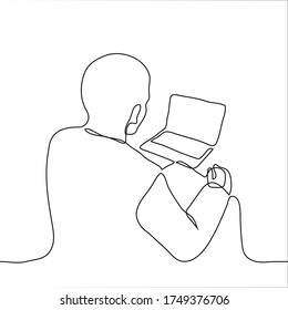man sits at a laptop, he is typing something on it. Freelancer works remotely on a laptop. One continuous line art man answers e-mail, makes an order on the Internet, a copywriter prints text. 