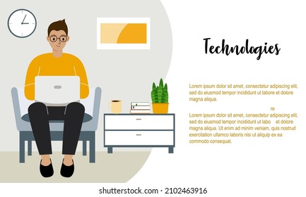 A man sits with a laptop on an armchair at home. I work on a computer. Freelance, online education or social media concept. Vector flat illustration