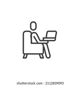 A man sits with a laptop on an armchair line icon. linear style sign for mobile concept and web design. Freelance working at home outline vector icon. Symbol, logo illustration