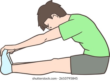 A man sits leaning forward with his legs extended and his hands on his toes to stretch his hamstrings