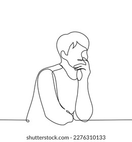 man sits leaning his chin on his palm thinking - one line drawing vector. concept reflection, introspection