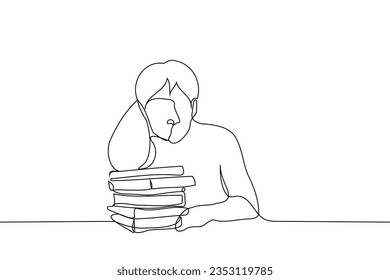 man sits leaning his elbow on a pile of books and looks at the viewer - one line art vector. the concept the student is tired or does not want to study