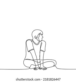 man sits leaning his palms in front of him in a Turkish pose - one line drawing vector. concept cute guy sitting, spontaneous, informal